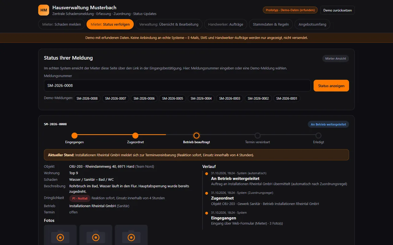Zentrale Schadensmeldung: Blatt „Mieter:Status verfolgen“