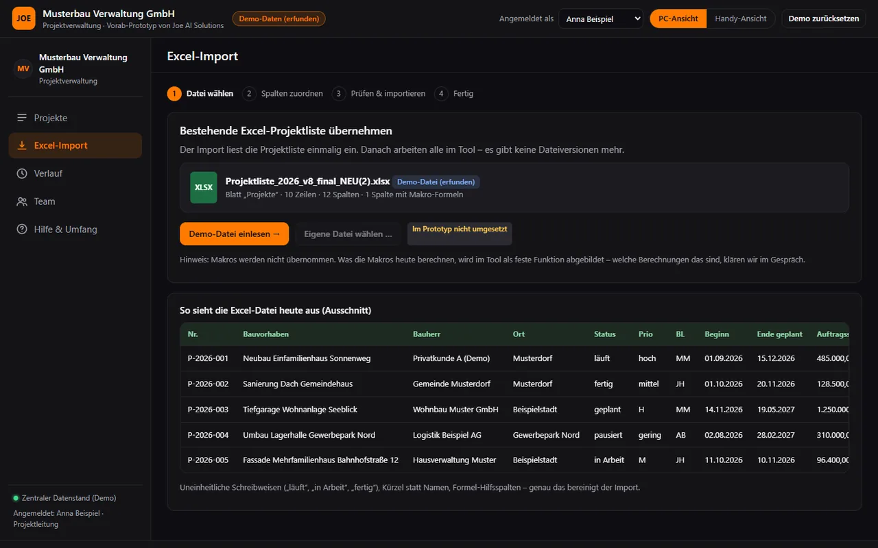 Projektverwaltung: Blatt „Excel-Import“