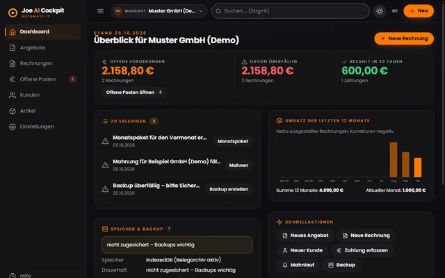 Joe AI Cockpit: Dashboard mit offenen Forderungen und Umsatz