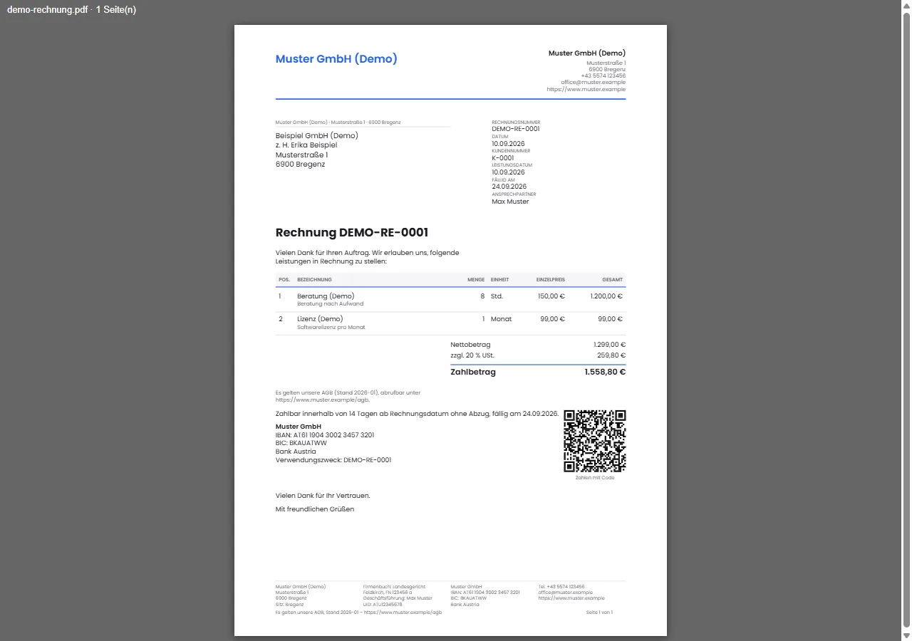 Fertige Rechnung als PDF mit Zahlungs-QR-Code